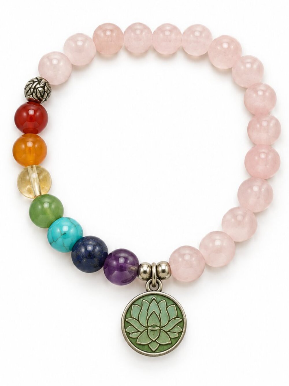 Vintage Lotus Blossom Charm Rose Quartz Rainbow Glass Bead Bracelet